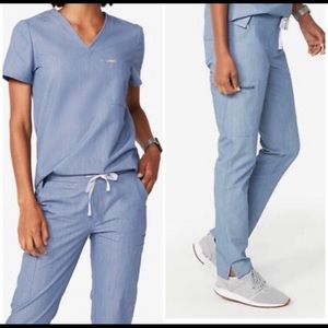 Figs scrubs set in heather blue xs catarina and small TALL Yola bottoms